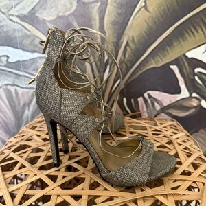 Y2K glam Guess Glitter Gold Gladiator Stiletto Heels strappy Open Toe Party